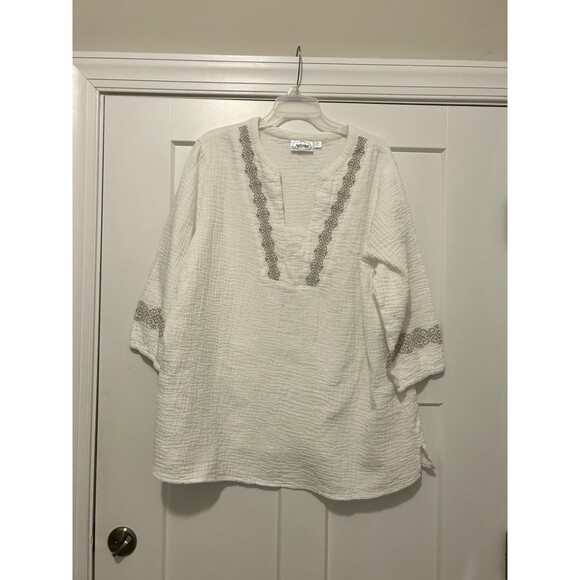 National White Embroidered Cotton Tunic Plus Size 3X Modest Summer 3/4 Sleeve - Picture 1 of 6